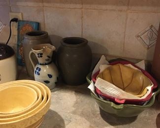 yellowware batter mixing bowls, vintage crock jars...