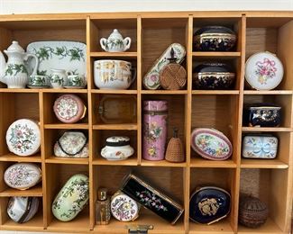Miniature trinket boxes feature Limoges, Sevres, and oothers.