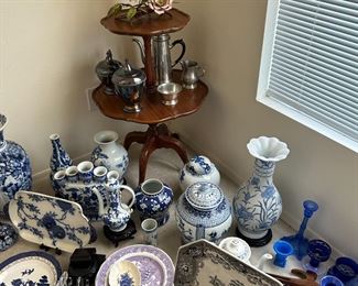 Blue and white and a pie crust table.