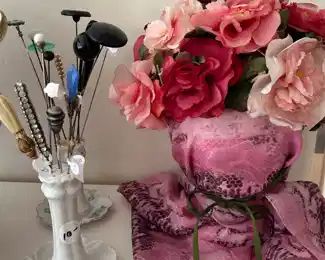 Close up of some of the special hatpins and a wonderful rose bonnet cap from the early 60's.