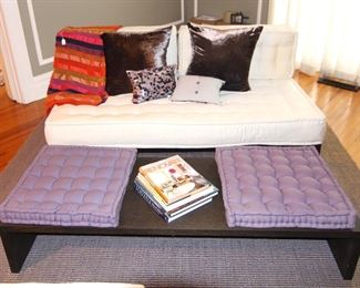 Pottery Barn Platform Furniture with Tufted Cushions,  Coffee Table with Cushions.                                    
Sofa: 42 1/2" d x 74" w x 30" h.                                                            Coffee Table: 64" w x 22" d x 12" h. 