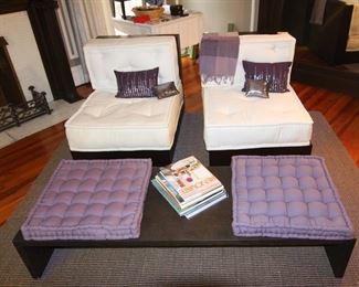 Pottery Barn Platform Furniture with Tufted Cushions, Chairs: 30" w x 40" d x 30" h.                                                            Coffee Table: 64" w x 22" d x 12" h.