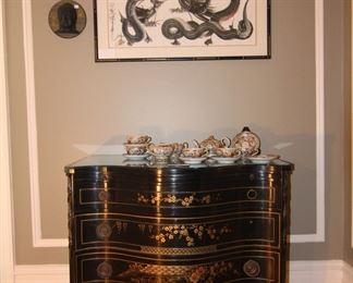 Chinoiserie Bow Front Chest With Glass Top.                    37" w x 20" d x 33" h.