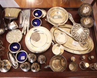 In this case we have a nice mixture of sterling items. Trays, salt & peppers, cups, napkin rings, etc.                                          PLEASE NOTE THESE ITEMS ARE NEVER LEFT UNATTENDED OR IN THE HOUSE OVERNIGHT.
