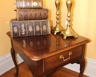 Thomasville end table shown with 1830's                         "The Devotional Family Bible Rev. Alexander Fletcher"    and other early bibles and books.