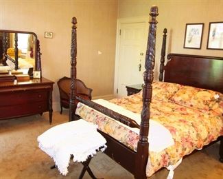 Mahogany four poster bed. 60" W x 75" H x 80" L. Dresser with mirror.