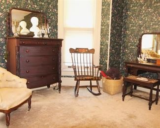 Mahogany chest of drawers with mirror.                              
40" W x 22" D x 70"H.  Rocking chair, Mahogany vanity  40" W x 22" D x 55" H bench and upholstered chair.