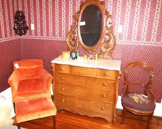Marble top dresser with mirror.                                                   
24 1/4" D x 21 1/2" W x 77 1/2" H.  Chair with ottoman, needlepoint chair.