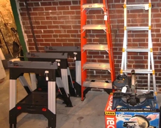 3 Fatmax sawhorses, Werner 6' fiberglass ladder, Little Giant extension ladder, Ryobi 10" laser compound miter saw.