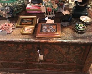 antique painted trunk, cast iron doorstops 