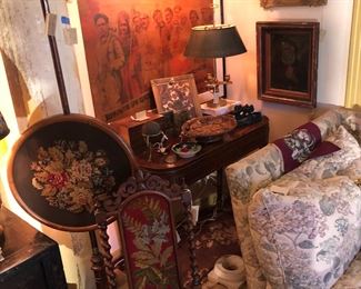 American flip top table, Russian poster needlepoint screen