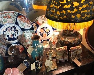 asian antiques and champleve lamp