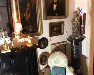 Fine art, one of a pair of French chairs, cast iron mantle