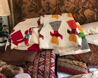 quilts , pairpoint shade, bent panel hanging fixture