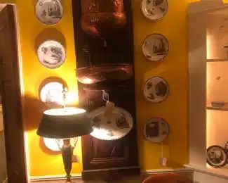 antique copper lavabo and set of French plates