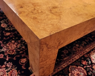 MCM burlwood coffee table,  Milo Baughman style, 54" square x 16" tall. Pristine condition.