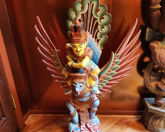 hand carved painted Balinese wooden sculpture of Lord Vishnu and Gauda