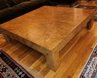 MCM burlwood coffee table,  Milo Baughman style, 54" square x 16" tall. Pristine condition.