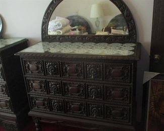 Ornate 7 piece antique bedroom set includes 2 Dressers, 2 twin beds, night stand, end table and desk with chair, all priced individually