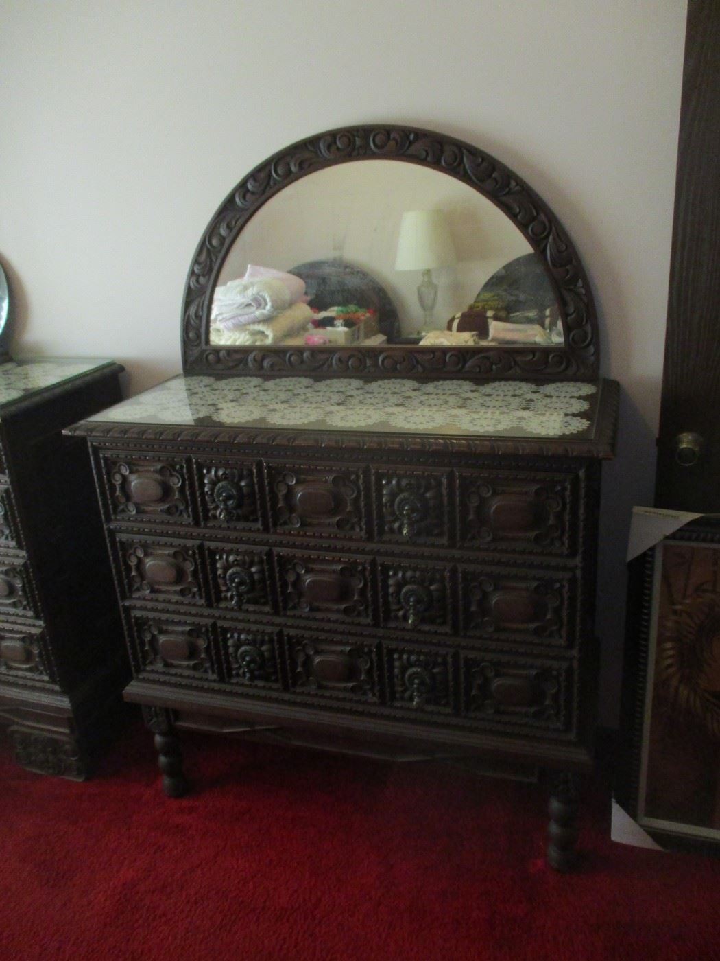 Ornate 7 piece antique bedroom set includes 2 Dressers, 2 twin beds, night stand, end table and desk with chair, all priced individually 