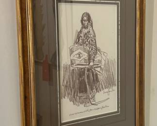 Original Art Crow Woman with Parfleches Charcoal Sketch 	Frame: 23.25 x 18.25	
