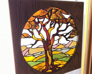 Vintage Stained Glass Window Panel Wood Framed 		
