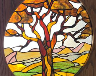 Vintage Stained Glass Window Panel Wood Framed 		
