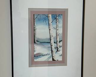 Pat Underwood Watercolor Patchwork Winter Framed Original Art Painting 		
