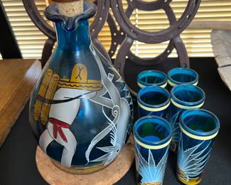 7pc Hand Painted Mexican Tequila Decanter and Glasses		
