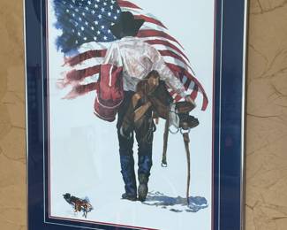 Signed Karen Rae Cowboy American Flag Print Framed Art		
