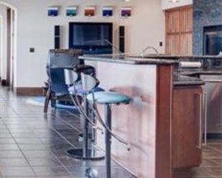 Elite Manufacturing, Nova Collection, Swivel/Hydraulic Barstools (seat ht. adj. 24” to 30”) Java Wood backs, Ultrasuede seats, Metal (onyx) bases (20”D x 20”W x 38.5”H)