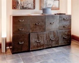 Hold Everything, 9 Dark Brown Wood Boxes (19”W x 19”H x 19”D) w/2”H Base Frames: