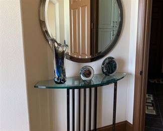 Metal (black nickel) w/Glass Top Table (14”D x 44”W x 36”H) Round, Metal Frame (black nickel), Mirror (40.5”Diameter)