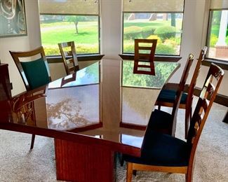 Rectangle Dining Table (81”L x 45”W) w/2 21” leaves (extend to 123”L) 7 Chairs, African Rosewood Gloss w/Black Excelsuede Seats 2 Ladder Back w/Arms, 4 Ladder Back Side, and 1 Other Uphols. Side Chair 