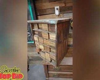Primitive Cabinet Displaying Antique Cheese Boxes
