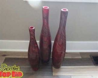 3 Pc. Glass Blown Vases Beautiful Red, Golds