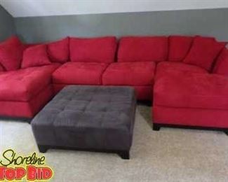Cindy Crawford Red Microsuede Sectional With Foot Ottoman