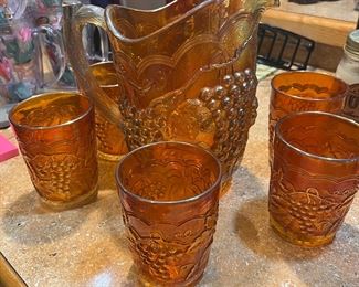 Umber Carnival glass pitcher set