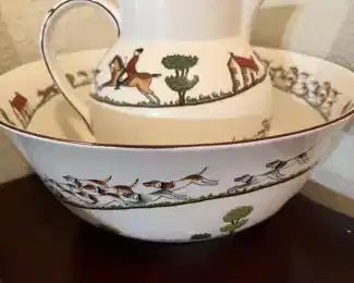 Crown China "Hunting Scene" pitcher and wash basin
