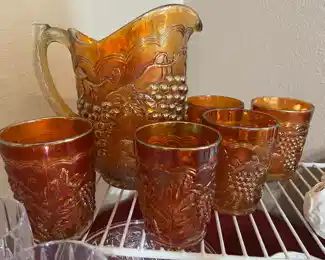 umber Carnival glass pitcher set
