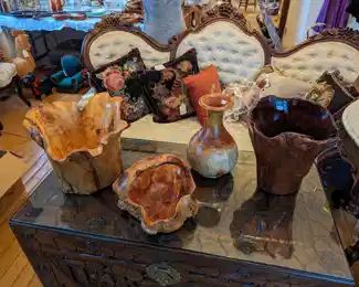 Burl vases and basket Fruit carved Victorian couch. Needlepoint pillows.