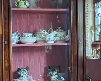 English cats with glass eyes. Early English tea set. Gas globe with cupid design. Set of 4 lamp shades.