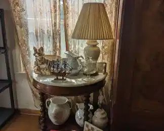 Victorian English marble top table with barley twist legs. Chamber pots.