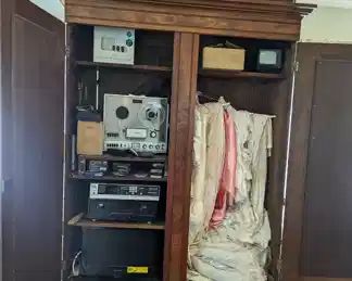 Vintage electronics and draperies.