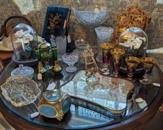 Crystal punch bowl with cups, Victorian standing photo albums, cut glass.