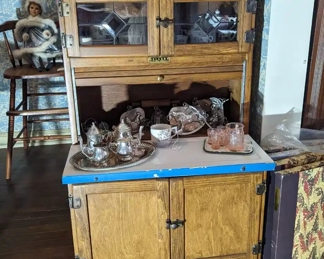 Child's leaded glass Sellers Hoosier cabinet with porcelain top.