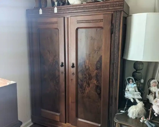 Antique burl walnut wardrobe. Leaded glass window.