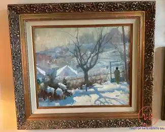 Original Oil on Canvas Winter Scene by BELA KONTULY in Gold Gilt Frame