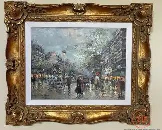 Original Oil on Canvas Street Scene by ANTOINE BLANCHARD in Gold Gilt Frame