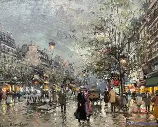 Original Oil on Canvas Street Scene by ANTOINE BLANCHARD in Gold Gilt Frame
